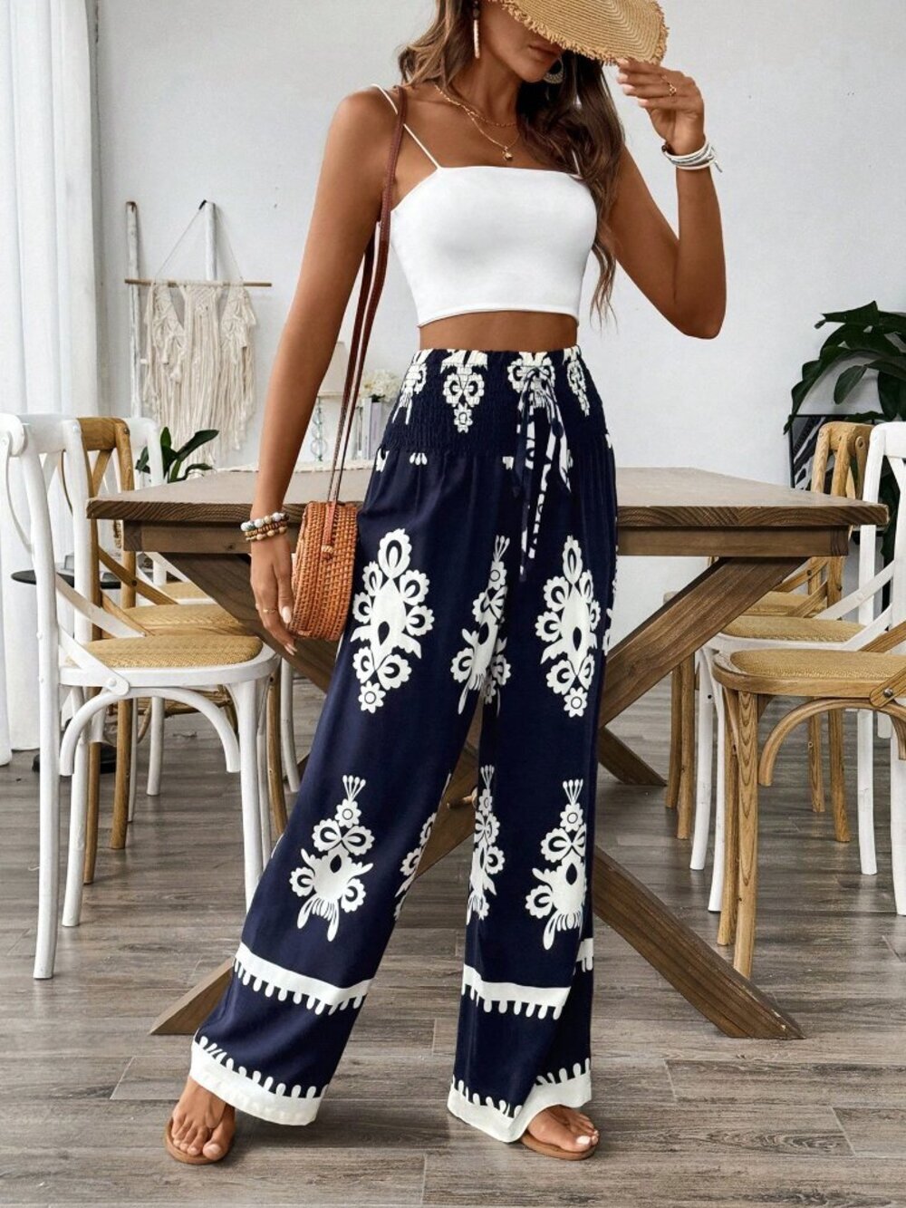 Women's Waistband Drawstring Floral Print Casual Pants, - Picture 4 of 5